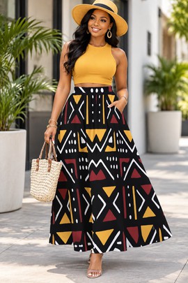 Jupes maxi africaines géométriques et tribales en mousseline pour femmes, avec doublure | Jupe maxi à imprimé africain | Bynelo