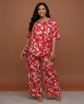 Ensemble deux pièces rouge en imprimé africain | Haut kaftan décontracté et pantalon à jambes larges pour femme