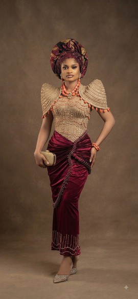 Tenue traditionnelle audacieuse bordeaux et dorée