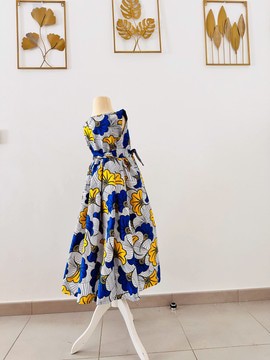 Robe en wax enfant fleur bleue et jaune