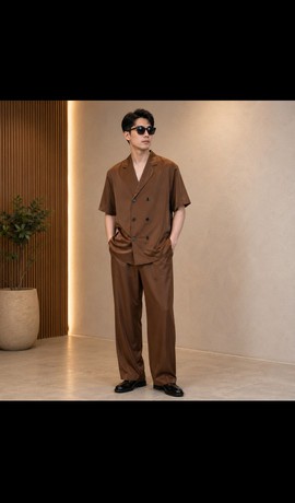 Men's Brown Silk Double-Breasted Short Sleeve Shirt &amp; Wide-Leg Trousers Set