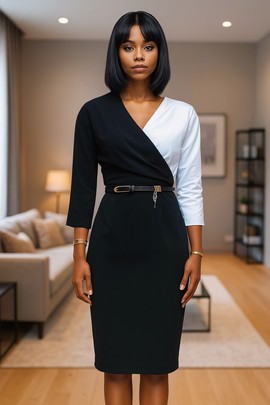 Faux Wrap Midi Pencil Dress For Women Black and White