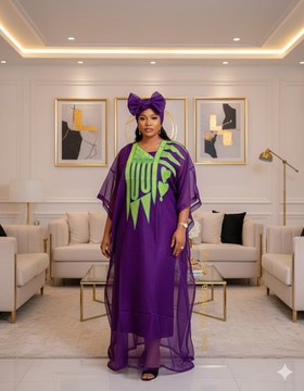 Royal Purple Sheer Boubou with Neon Green Embroidery