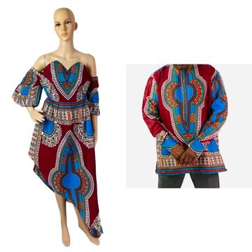 Ankara Light Red Multicolor Dashiki Print Men's Shirt and Women's One Shoulder Dress Couple Set