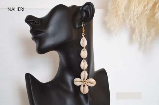 African cowrie shell and brass earrings long