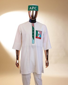 A white, APC ( All Progressive Congress) pattern embroidery, kaftan native.