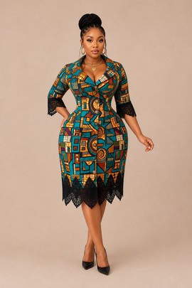 African Print Bodycon Dress for Women with Lace Hem &amp; Button Front.
