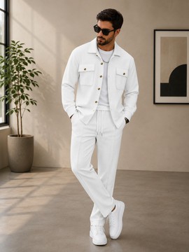 Men's White Textured Two-Piece Set – Long Sleeve Button-Up Overshirt &amp; Drawstring Jogger Pants