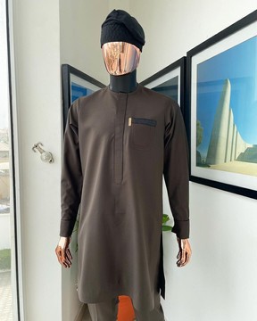 A Coffee brown, front flap, black paisley pocket detailing kaftan native.