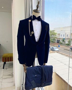 A Shawl lapel Italian velvet navy blue tuxedo suit
