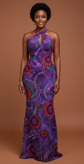 Purple African Print Halter Neck Maxi Dress – Elegant Ankara Evening Gown