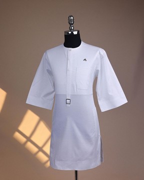A bright white, front flap with Swarovski button &amp; metal tag details kaftan.