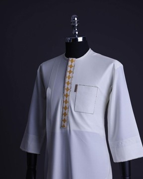 An Ivory White, front flap, patch pocket with gold embroidery detailing African senator kaftan