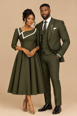 Men’s Three-Piece Suit and Women’s A-Line Midi Dress with Contrast Neckline