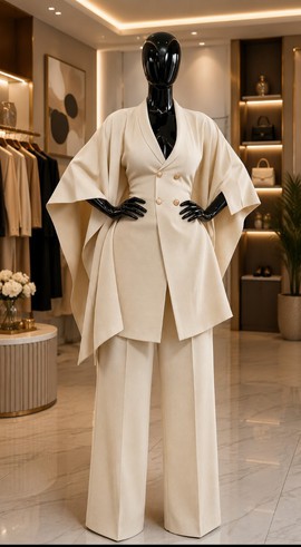 Ensemble blazer crème à manches cape et pantalon large pour femme – tailleur-pantalon drapé à double boutonnage