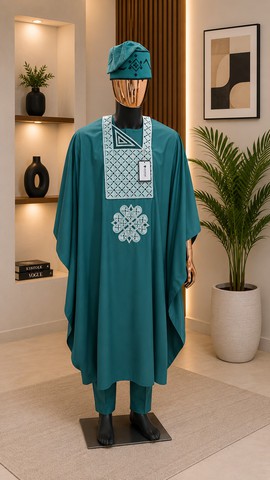 Men's Teal Green Cotton Senator Agbada Set
