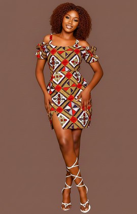 Vibrant Ankara Cold-Shoulder Mini Dress with Bold Geometric Patterns