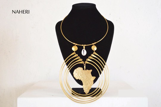 African map brass necklace hammered jewelry
