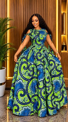 Elegant green/blue African Ankara Fashion, Cherry style