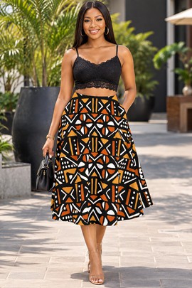 AFRICAN TRIBAL MUDCLOTH Women's Midi Skirt With Pockets | Mudcloth Print Midi Skirt | Bynelo