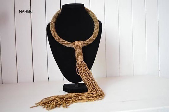 African beaded tie necklace | African tassel necklace | Tribal handmade jewelry