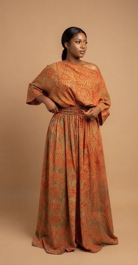 Ensemble deux pièces avec haut épaules dénudées et jupe longue à imprimé soleil, couleur rouille et olive