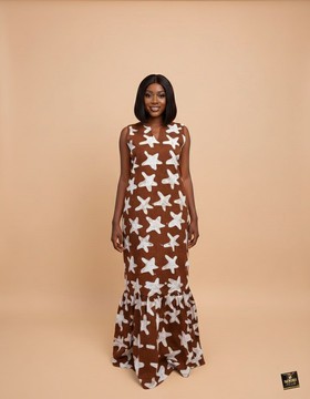 Robe longue Adire marron à imprimé étoilé avec ourlet trompette