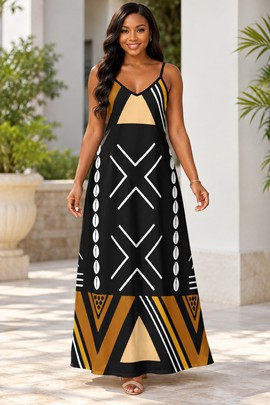 Robe longue élégante à col en V pour femme en bogolan et cauris | Robe longue à imprimé africain | Bynelo