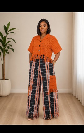 Ensemble de crop top orange au crochet pour femme et pantalon large noir en Aso Oke