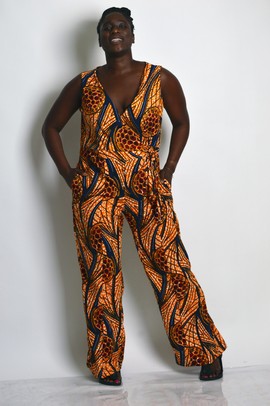 v neck sleeveless jumpsuit - orange ankara jumpsuit