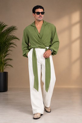 Men’s olive green wrap shirt and white trousers set