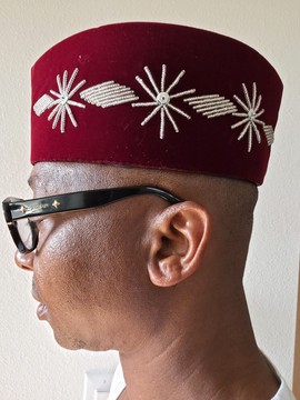 Maroon Velvet Kufi Cap with Sequins– African Fila Hat, Ceremonial Wedding Cap