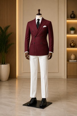Blazer de costume bordeaux à fines rayures, croisé, pour homme, avec pantalon blanc