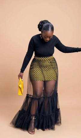 Ensemble sexy avec jupe longue en résille noire – Superposition transparente à volants avec mini-jupe Ankara