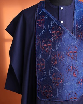 A Navy Blue, AI connected iron-man maze embroidery details agbada