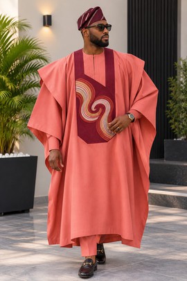 Men's Coral &amp; Burgundy Agbada Set – Three Piece Embroidered Nigerian Traditional Attire with Cap