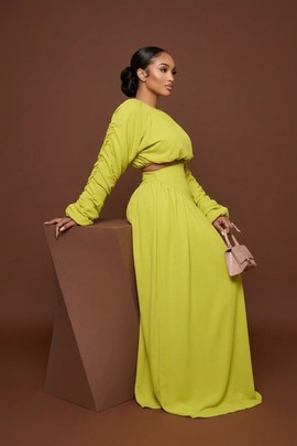 Two piece chartreus crop top high waisted maxi dress