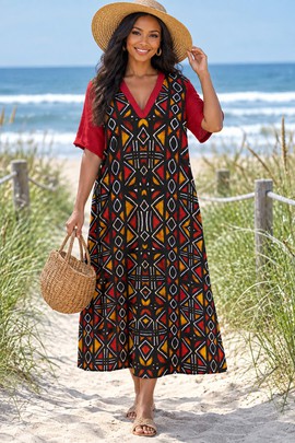 Robe midi ample à col en V pour femme en bogolan traditionnel | Mode africaine | Bynelo