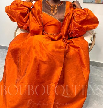 African Boubou Dress for Women "Atika" Orange in Shantung Fabric — With Scarf