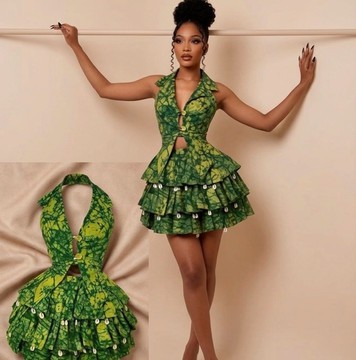 Sexy Green Adire Mini Dress – Designer Tie Dye Ruffle Dress with Layered Skirt
