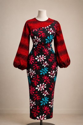 Robe longue moulante pour femme à imprimé floral multicolore et manches ballon – Noir, rouge et bleu sarcelle