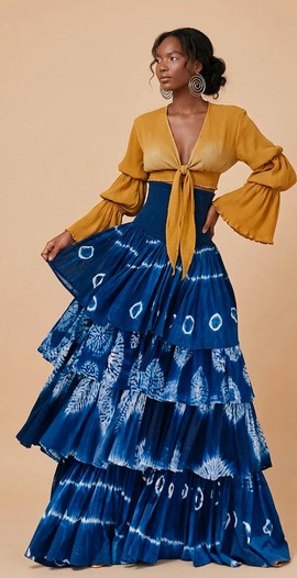 African Tie-Dye Maxi Skirt Set,Boho Chic Two-Piece Outfit with Bell Sleeve Crop Top &amp; Layered  Skirt