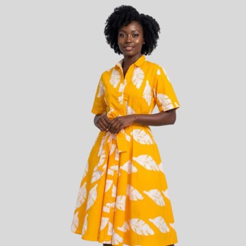 Jessique Yellow African Print Midi Dress | 3/4 Sleeve Belted Cotton Dress