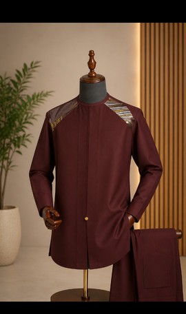 Ensemble Senator bordeaux pour homme avec panneau tissé métallisé – Tenue traditionnelle deux pièces à manches longues