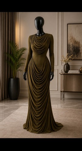 Women's Olive Draped Cowl Neck Long Sleeve Maxi Dress – Ruched Grecian Style Evening Gown
