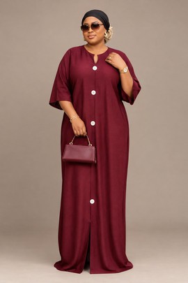 Women’s Burgundy Kaftan Maxi Dress – Elegant Plus Size Long Abaya Gown with Button Front Design
