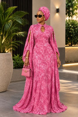 Women's Pink Abstract Print Maxi Gown with Split Cape Sleeves &amp; Matching Headwrap