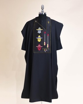 A Charcoal black, skull &amp; arrow metallic wire embroidery design with ss30 &amp; ss20  Agbada