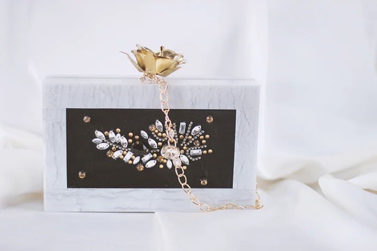 Resin Pearl Embellished Clutch with Semi Precious Stones