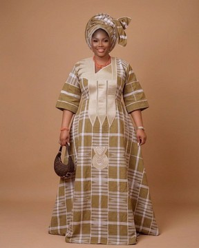 Olive &amp; Cream Handwoven Aso-Oke Maxi Dress – Traditional Women's Gown with Matching Gele